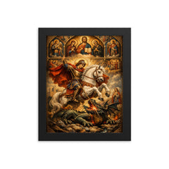 St George piercing the dragon beneath icons framed print on a plain backdrop in size 8"x10".