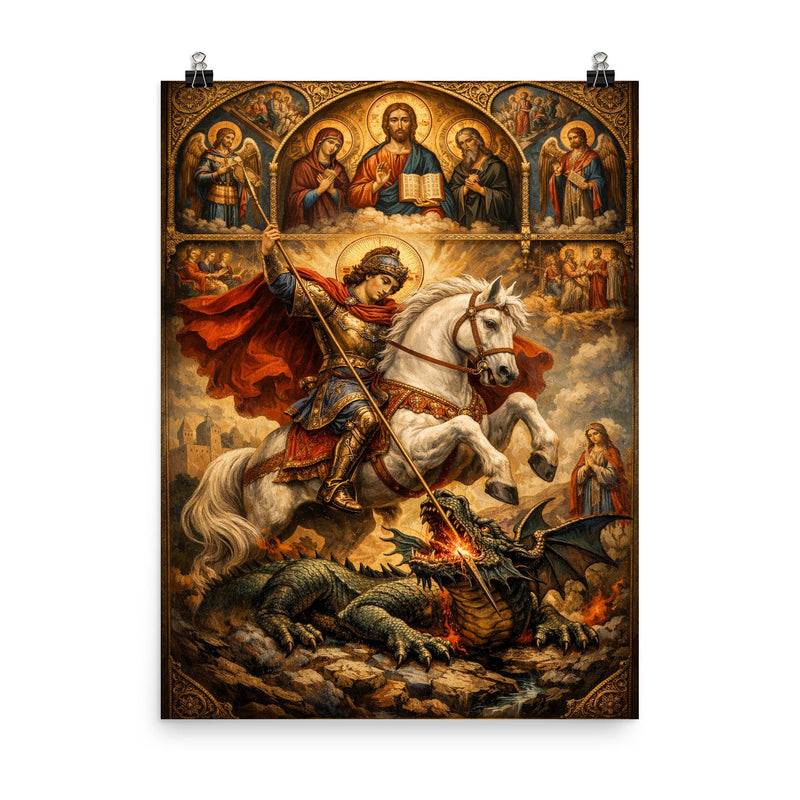 St George piercing the dragon beneath icons poster on a plain backdrop in size 8