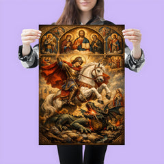 St George piercing the dragon beneath icons poster 3