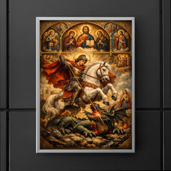St George piercing the dragon beneath icons poster 5