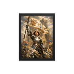 St Joan of Arc at Reims banner raised framed print on a plain backdrop in size 12"x16".