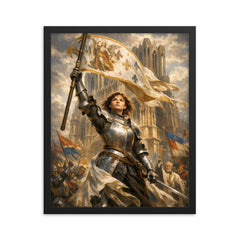 St Joan of Arc at Reims banner raised framed print on a plain backdrop in size 16"x20".