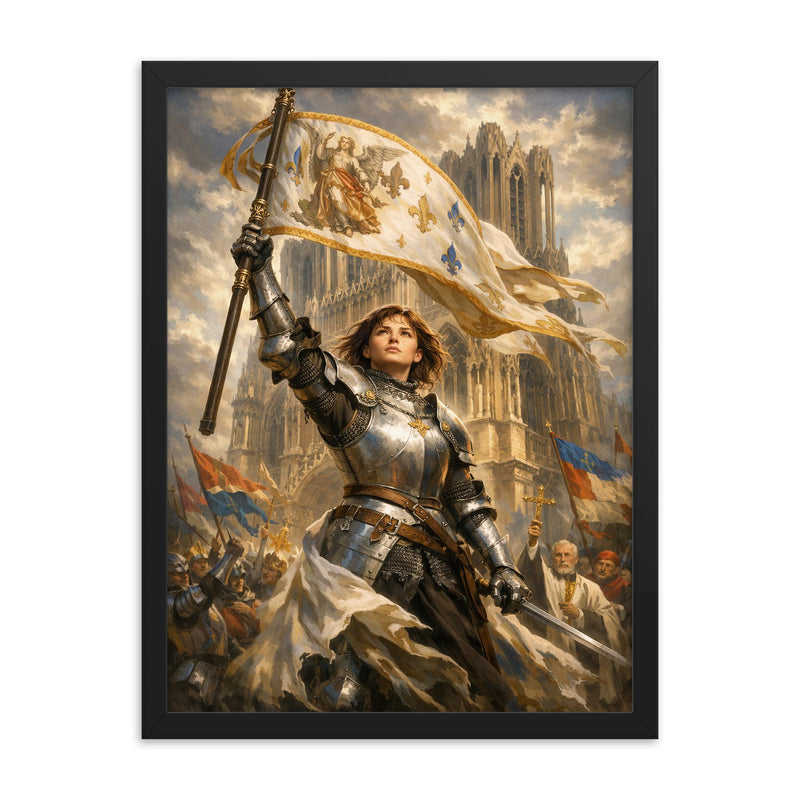 St Joan of Arc at Reims banner raised framed print on a plain backdrop in size 18
