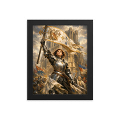 St Joan of Arc at Reims banner raised framed print on a plain backdrop in size 8"x10".