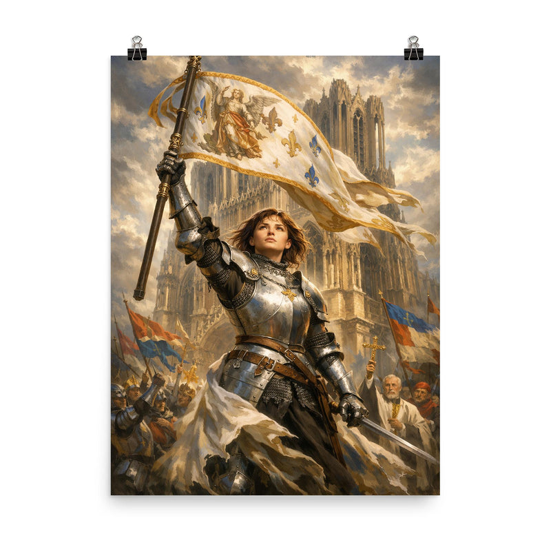 St Joan of Arc at Reims banner raised poster on a plain backdrop in size 8
