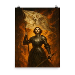 St Joan of Arc banner raised in blazing wind poster on a plain backdrop in size 8"x10".