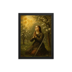 St Joan of Arc hearing voices in orchard framed print on a plain backdrop in size 12"x16".