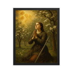 St Joan of Arc hearing voices in orchard framed print on a plain backdrop in size 16"x20".