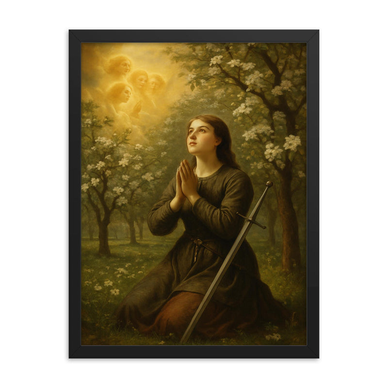 St Joan of Arc hearing voices in orchard framed print on a plain backdrop in size 18