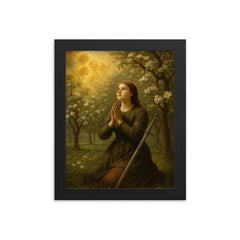 St Joan of Arc hearing voices in orchard framed print on a plain backdrop in size 8"x10".