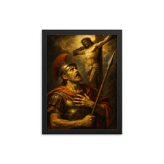 St Longinus at the crucifixion revelation framed print on a plain backdrop in size 12"x16".