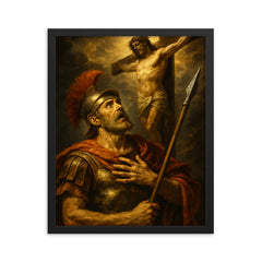 St Longinus at the crucifixion revelation framed print on a plain backdrop in size 16"x20".