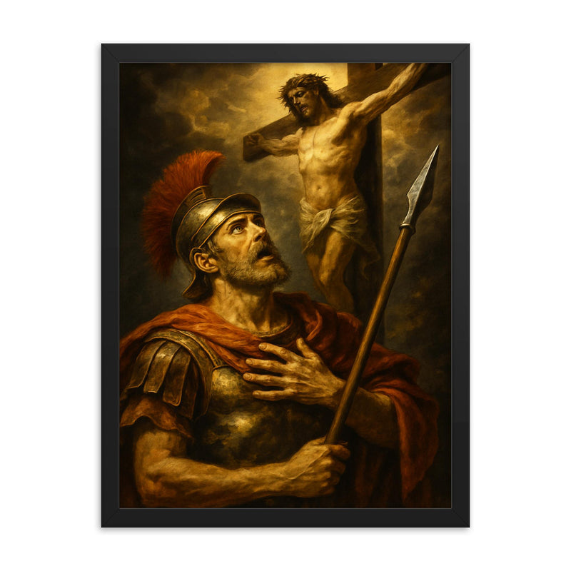 St Longinus at the crucifixion revelation framed print on a plain backdrop in size 18