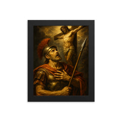 St Longinus at the crucifixion revelation framed print on a plain backdrop in size 8"x10".
