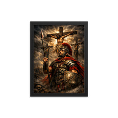 St Longinus beneath darkened crucifixion sky framed print on a plain backdrop in size 12"x16".