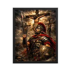St Longinus beneath darkened crucifixion sky framed print on a plain backdrop in size 16"x20".