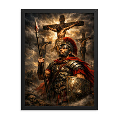 St Longinus beneath darkened crucifixion sky framed print on a plain backdrop in size 18"x24".