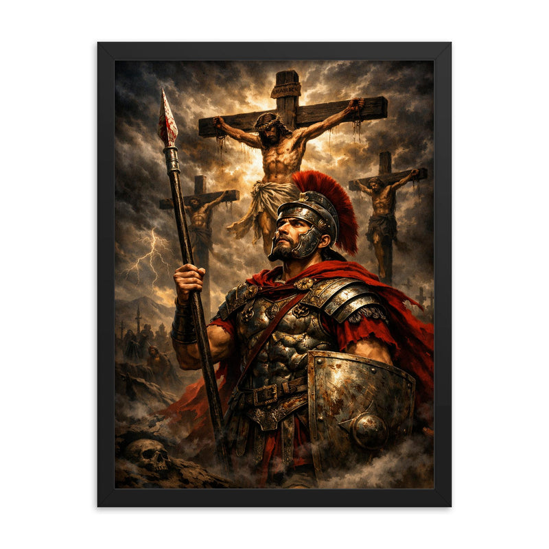 St Longinus beneath darkened crucifixion sky framed print on a plain backdrop in size 18
