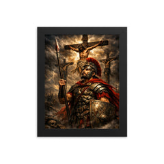 St Longinus beneath darkened crucifixion sky framed print on a plain backdrop in size 8"x10".