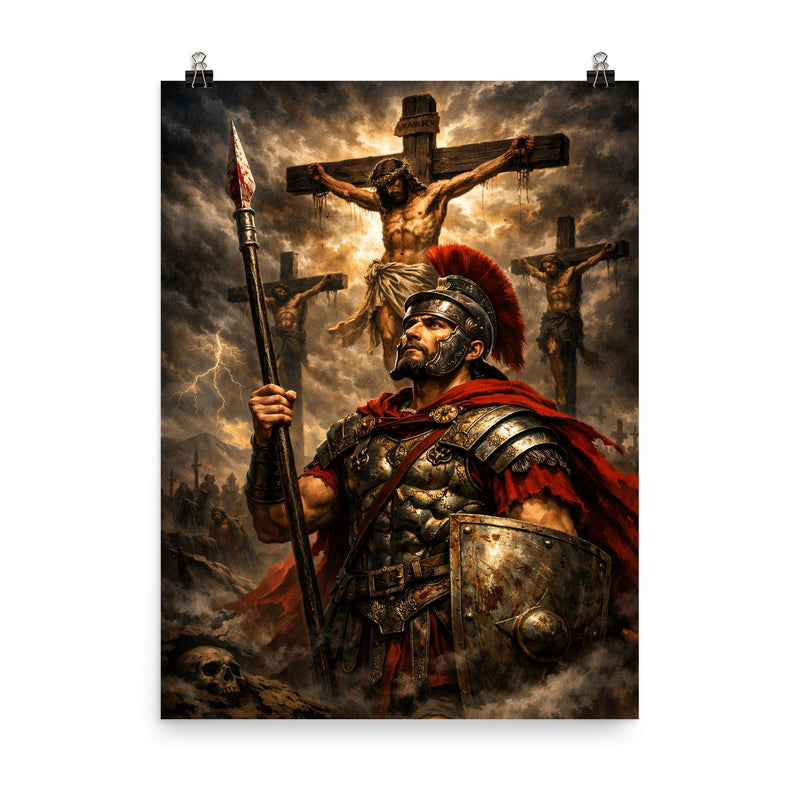 St Longinus beneath darkened crucifixion sky poster on a plain backdrop in size 8