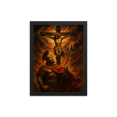 St Longinus beneath the crucifixion sky framed print on a plain backdrop in size 12"x16".