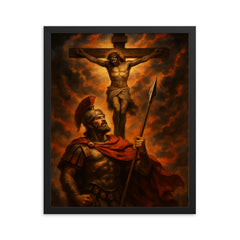 St Longinus beneath the crucifixion sky framed print on a plain backdrop in size 16"x20".