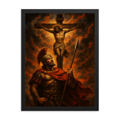 St Longinus beneath the crucifixion sky framed print on a plain backdrop in size 18"x24".