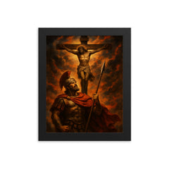 St Longinus beneath the crucifixion sky framed print on a plain backdrop in size 8"x10".