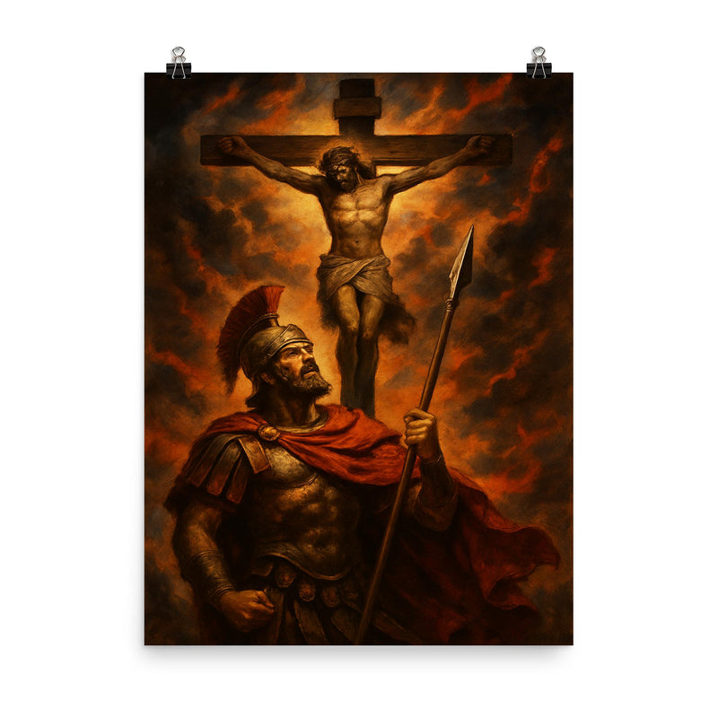 St Longinus beneath the crucifixion sky poster on a plain backdrop in size 8