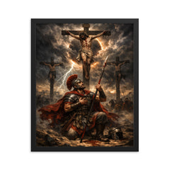 St Longinus beneath the crucifixion storm framed print on a plain backdrop in size 16"x20".