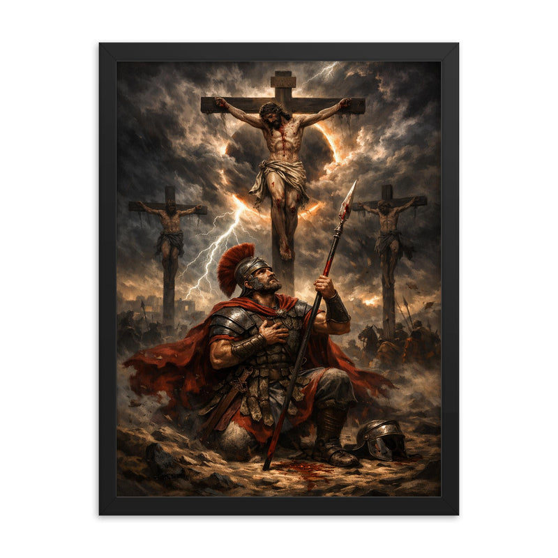 St Longinus beneath the crucifixion storm framed print on a plain backdrop in size 18