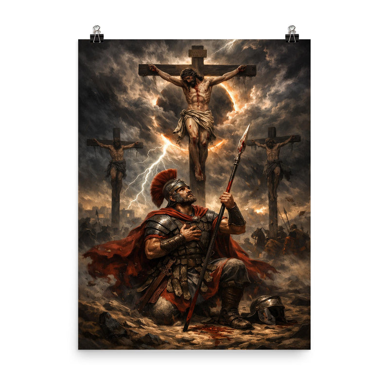 St Longinus beneath the crucifixion storm poster on a plain backdrop in size 8