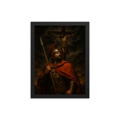 St Longinus beneath the darkened crucifixion sky framed print on a plain backdrop in size 12"x16".
