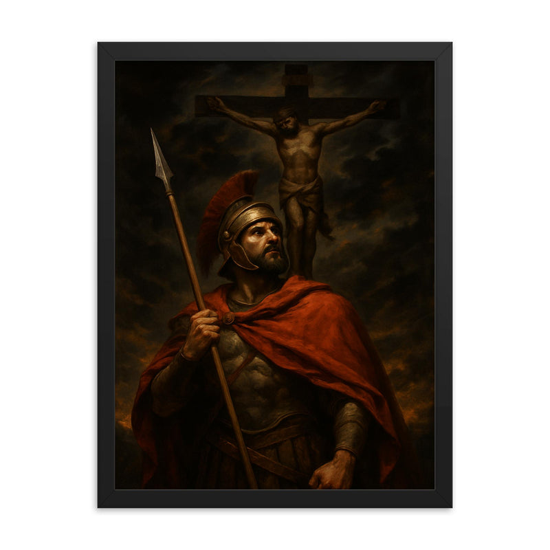 St Longinus beneath the darkened crucifixion sky framed print on a plain backdrop in size 18