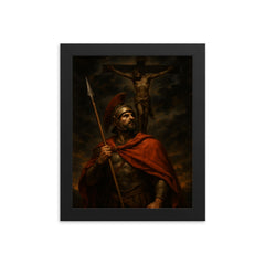 St Longinus beneath the darkened crucifixion sky framed print on a plain backdrop in size 8"x10".
