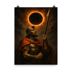 St Longinus holding the spear beneath eclipsed sky poster on a plain backdrop in size 8"x10".