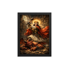 St Marina hammering the demon in prison framed print on a plain backdrop in size 12"x16".