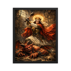 St Marina hammering the demon in prison framed print on a plain backdrop in size 16"x20".