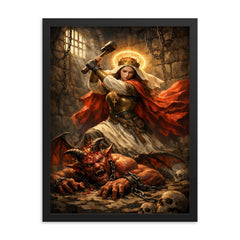 St Marina hammering the demon in prison framed print on a plain backdrop in size 18"x24".