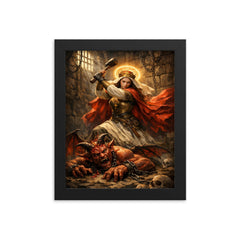 St Marina hammering the demon in prison framed print on a plain backdrop in size 8"x10".