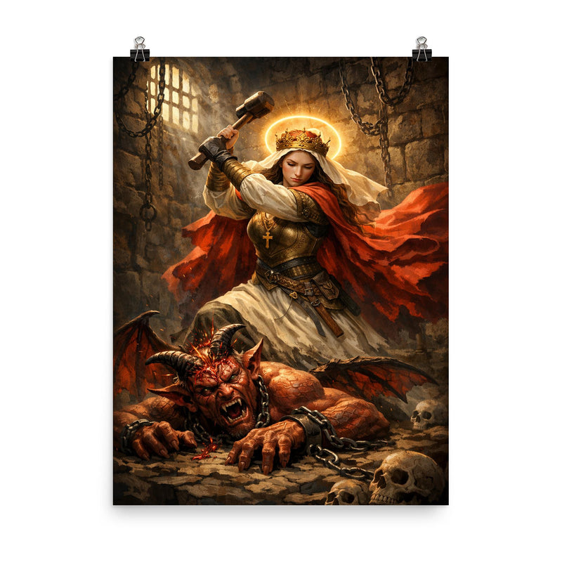 St Marina hammering the demon in prison poster on a plain backdrop in size 8