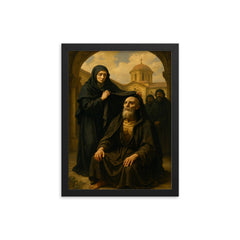 St Marina the Monk revealed in monastery court framed print on a plain backdrop in size 12"x16".