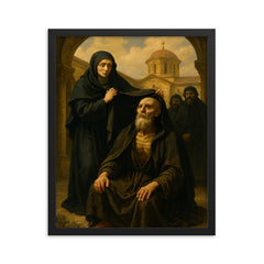 St Marina the Monk revealed in monastery court framed print on a plain backdrop in size 16"x20".