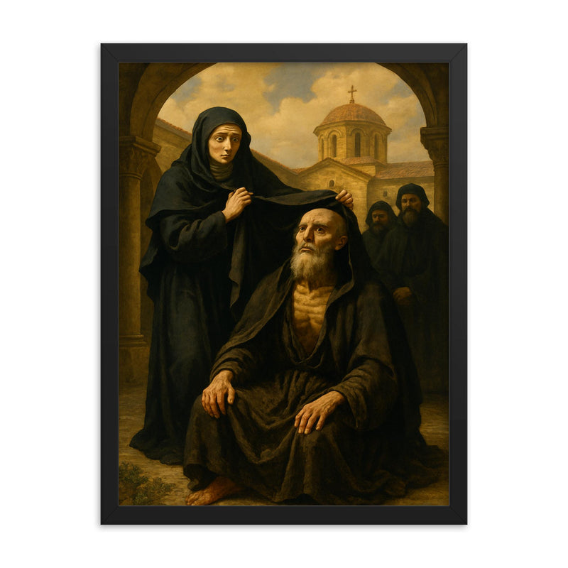 St Marina the Monk revealed in monastery court framed print on a plain backdrop in size 18