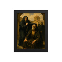 St Marina the Monk revealed in monastery court framed print on a plain backdrop in size 8"x10".