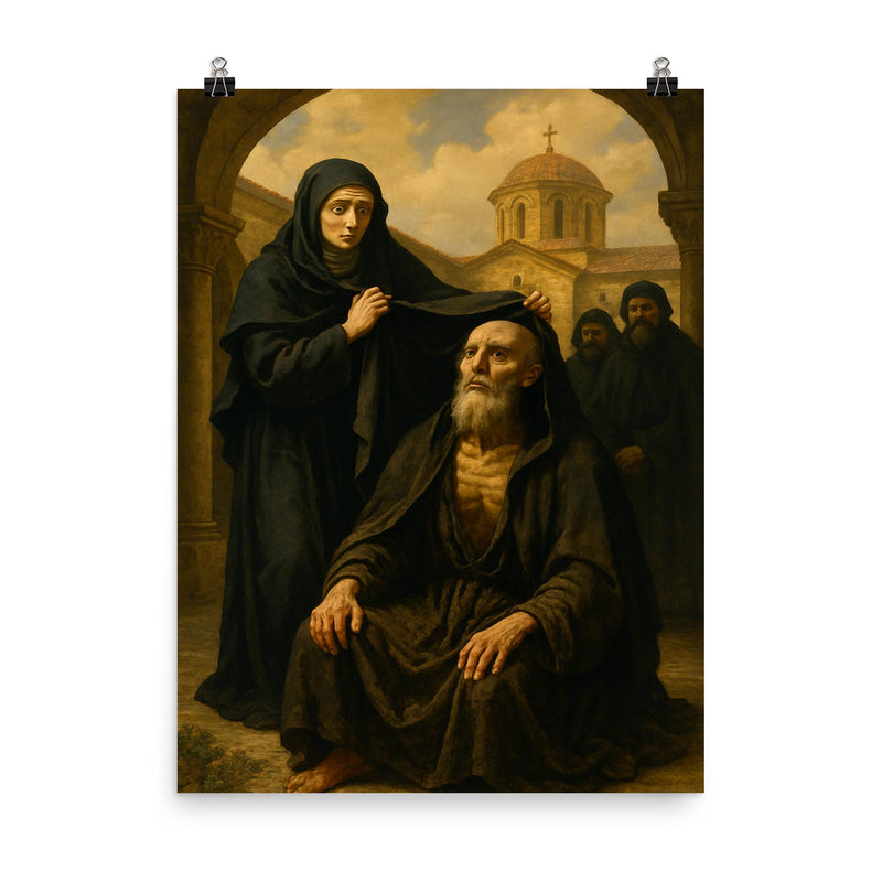 St Marina the Monk revealed in monastery court poster on a plain backdrop in size 8