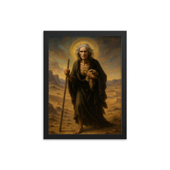 St Mary of Egypt crossing the Jordan wasteland framed print on a plain backdrop in size 12"x16".