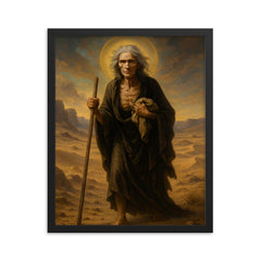 St Mary of Egypt crossing the Jordan wasteland framed print on a plain backdrop in size 16"x20".
