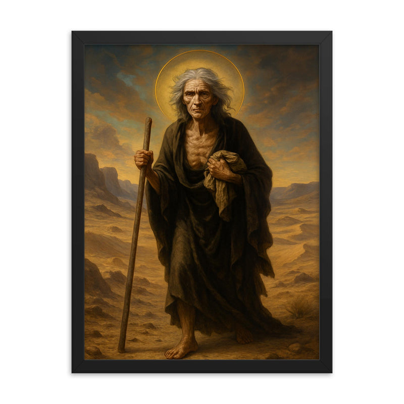 St Mary of Egypt crossing the Jordan wasteland framed print on a plain backdrop in size 18