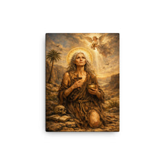 St Mary of Egypt in the wilderness canvas print on a plain backdrop in size 12"x16".